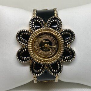 Ladies Geneva Platinum Flower Shaped Black gold Tone Cuff Bracelet 7” running